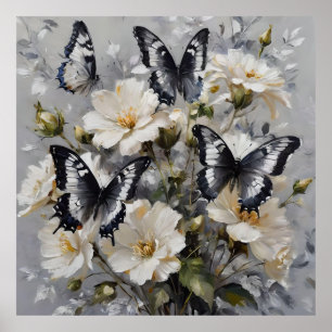Black And White Butterflies On White Flowers, Poster
