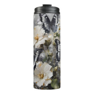 Black And White Butterflies On White Flowers, Thermal Tumbler