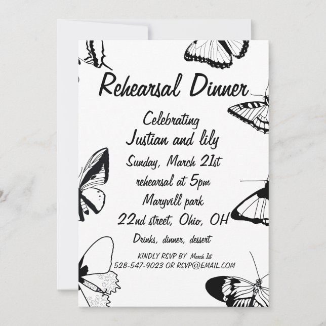 Black and White Butterflies Rehearsal Dinner  Invitation (Front)