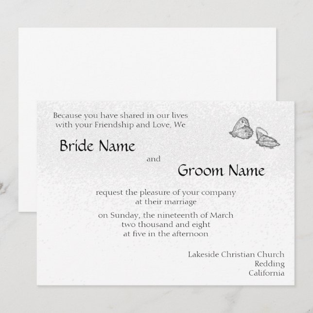 Black and white Butterflies Wedding Invitation Tem (Front/Back)