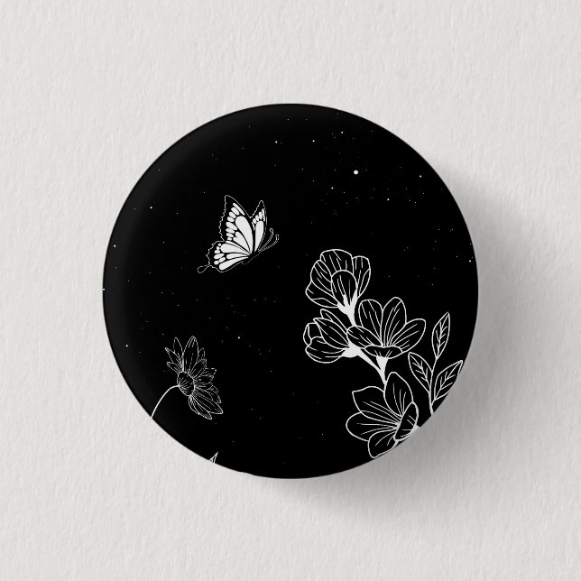Black and White Butterfly and Flowers at Night Art 3 Cm Round Badge (Front)