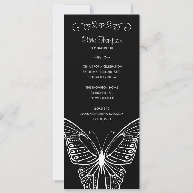 Black and White Butterfly Birthday Invitations (Front)