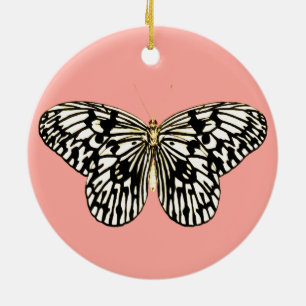 Black and white butterfly, coral pink background ceramic tree decoration
