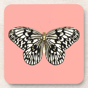 Black and white butterfly,coral pink background coaster