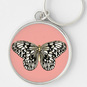Black and white butterfly,coral pink background key ring