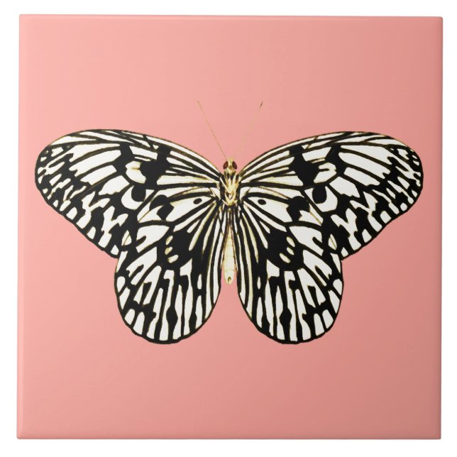Black and white butterfly,coral pink background tile (Front)