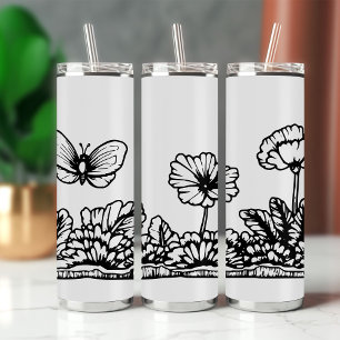 Black and White Butterfly Floral Travel Tumbler
