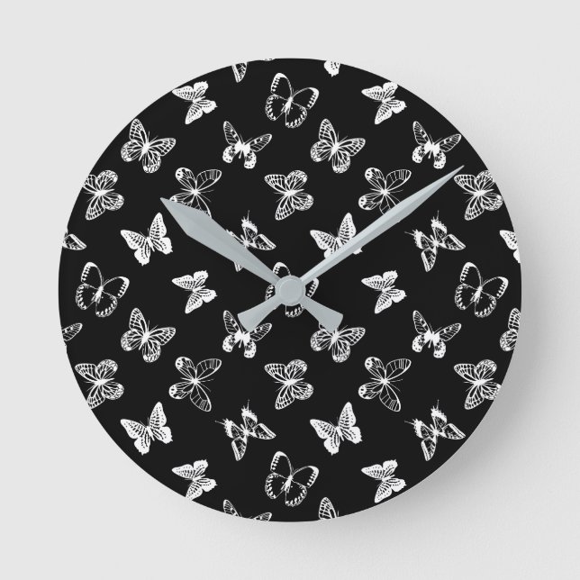 Black and White Butterfly illustration Black  Round Clock (Front)