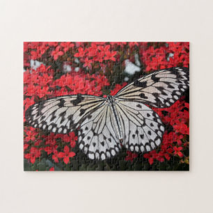 Black and White Butterfly in Red Flower Bush Jigsaw Puzzle