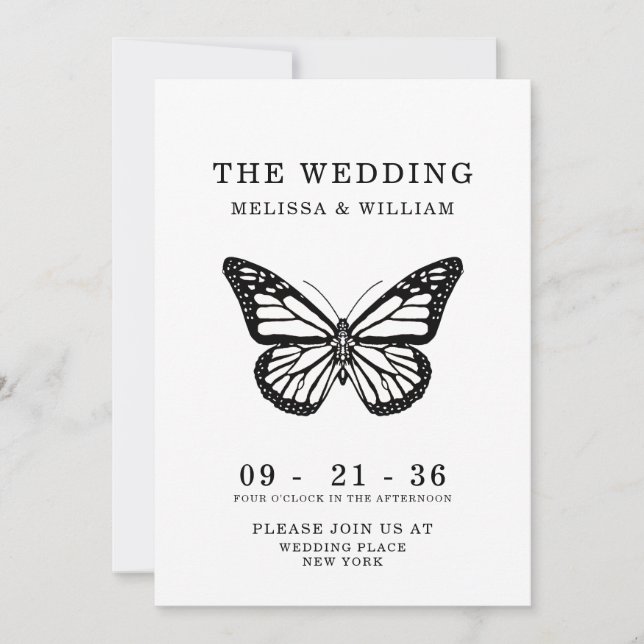 Black and White Butterfly Modern Simple Wedding Invitation (Front)