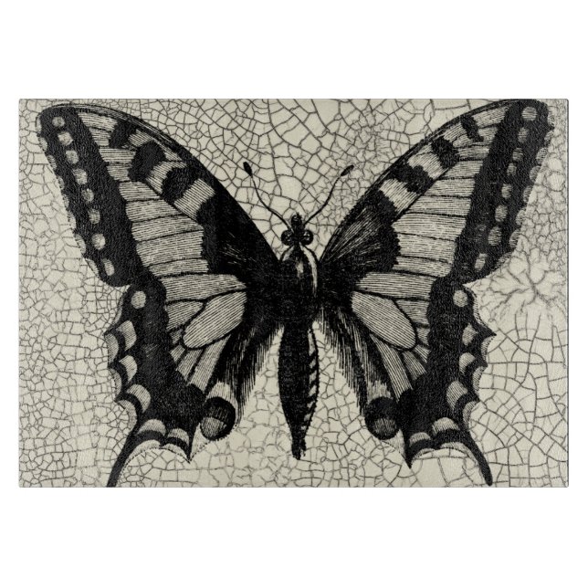 Black and White Butterfly on Cracked Background Cutting Board (Front)