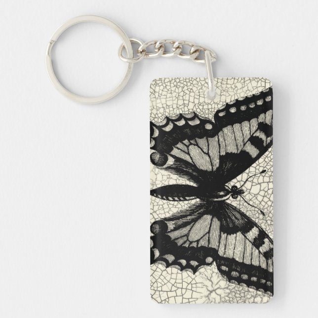 Black and White Butterfly on Cracked Background Key Ring (Front)