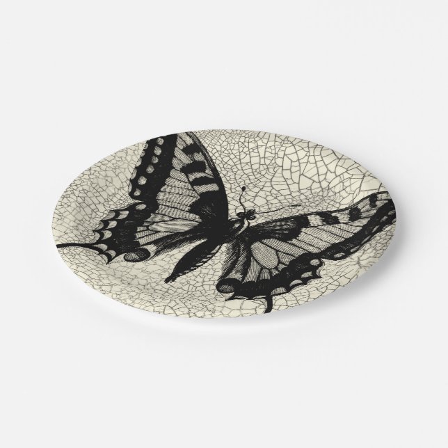 Black and White Butterfly on Cracked Background Paper Plate (Angled)