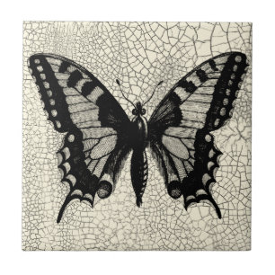 Black and White Butterfly on Cracked Background Tile
