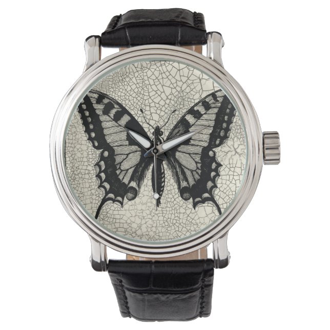 Black and White Butterfly on Cracked Background Watch (Front)