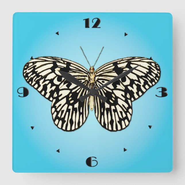 Black and white butterfly on turquoise square wall clock (Front)