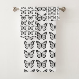 Black and White Butterfly Pattern Bath Towel Set