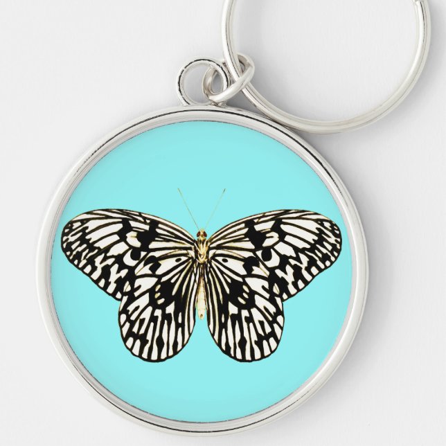 Black and white butterfly, turquoise background key ring (Front)