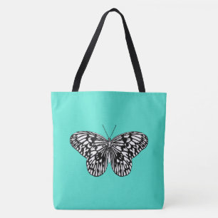 Black and white butterfly, turquoise background tote bag