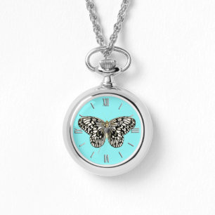 Black and white butterfly, turquoise background watch