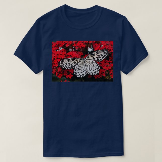 Black and white butterfly with red flowers photogr T-Shirt (Design Front)
