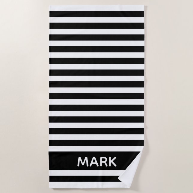 Black And White Cabana  Stripe Personalised Beach Towel (Front)