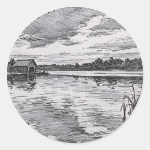 Black and White Cabin by the Lake Classic Round Sticker