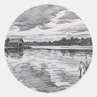 Black and White Cabin by the Lake Classic Round Sticker