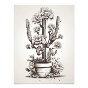 Black and White Cactus with Delicate Flowers Photo Print