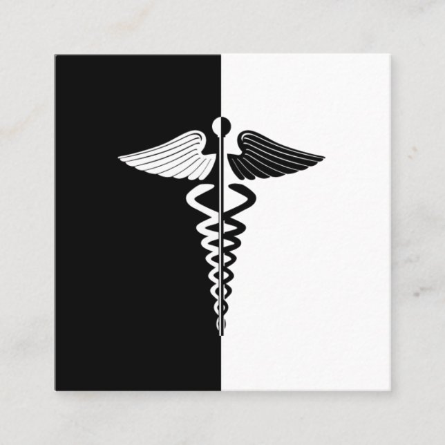 Black and White Caduceus Symbol Square Business Card (Front)