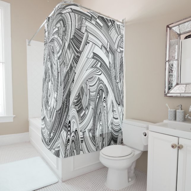Black and White Calamity Shower Curtain (In Situ)