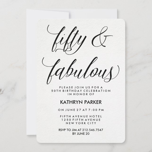 Black and White Calligraphy 50th Birthday Party Invitation (Front)