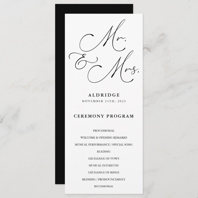 Black And White Calligraphy Mr. And Mrs. Wedding Programme (Front/Back)