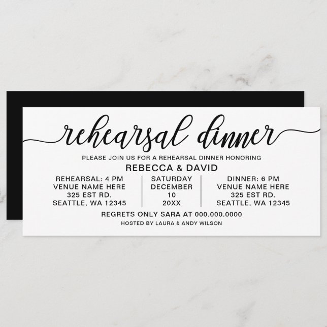 black and white Calligraphy Rehearsal Dinner Invitation (Front/Back)