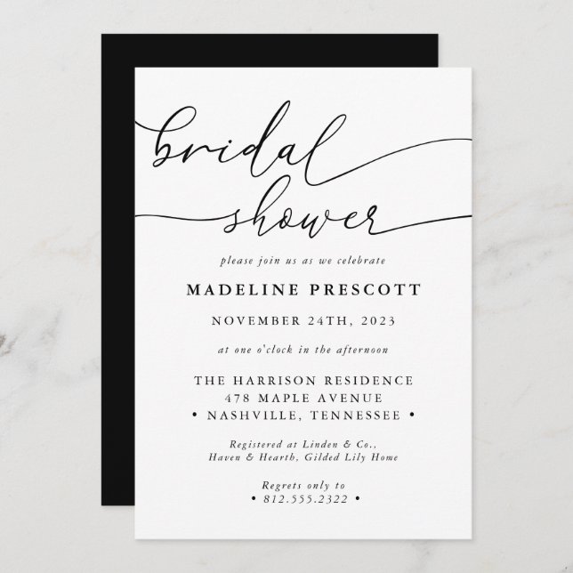 Black And White Calligraphy Script Bridal Shower Invitation (Front/Back)