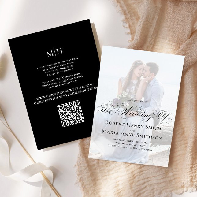 Black and White Calligraphy Script Elegant Photo Invitation (Elegant black and white photo invitation with a scannable QR Code. )
