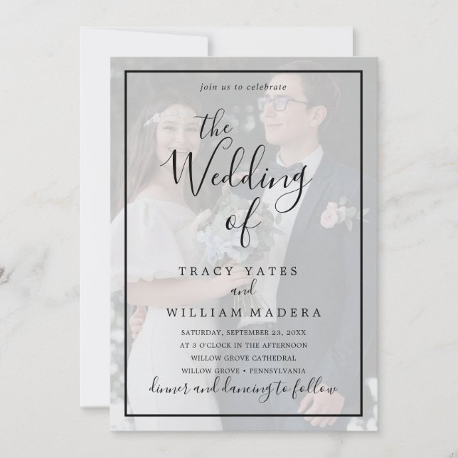 Black and White Calligraphy Vellum Photo Wedding  Invitation (Front)