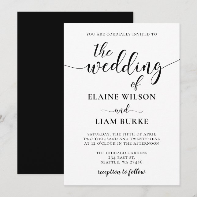 Black and White  Calligraphy Wedding Invitation (Front/Back)