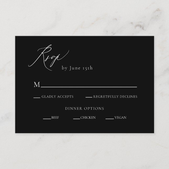 Black and White Calligraphy Wedding RSVP Enclosure Card (Front)