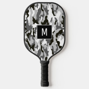 Black and White Camouflage Pattern Monogram Pickleball Paddle