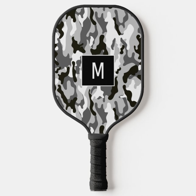 Black and White Camouflage Pattern Monogram Pickleball Paddle (Front)