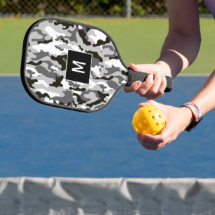Black and White Camouflage Pattern Monogram Pickleball Paddle