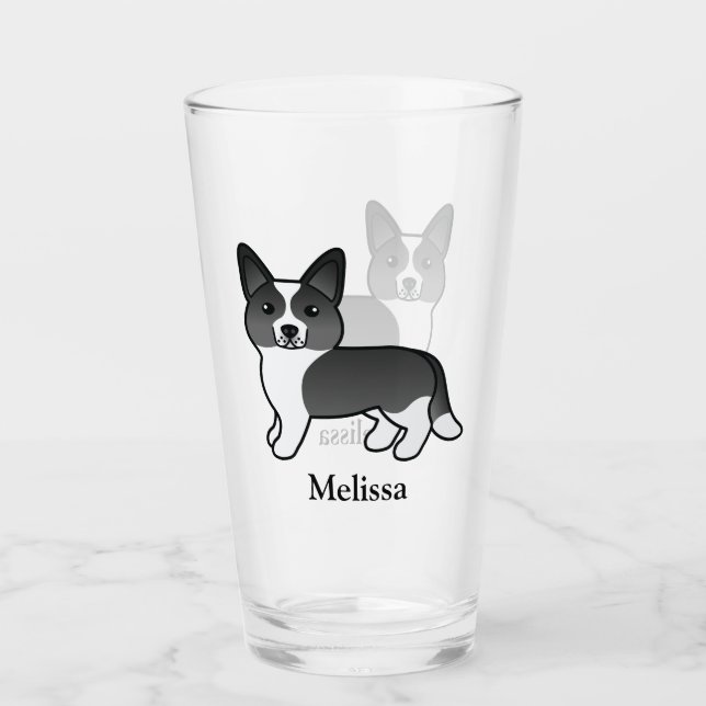 Black And White Cardigan Welsh Corgi Dog & Name Glass (Front)