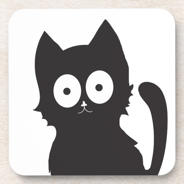 Black and White Cartoon Cat Silhouette Coaster (Front)