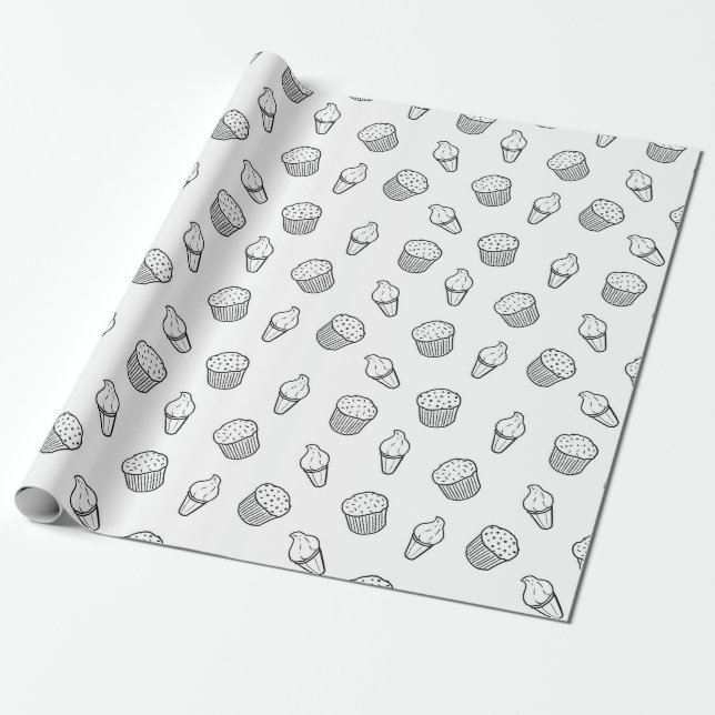 Black and white cartoon cupcakes and ice cream wrapping paper (Unrolled)