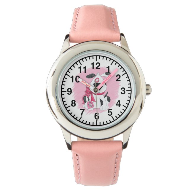 Black and White Cartoon Dog Good Girl with Pink Watch (Front)
