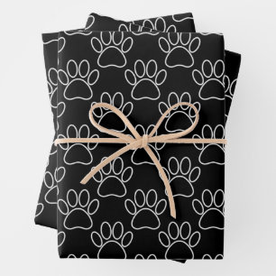 Black And White Cartoon Puppy Paw Print Pattern Wrapping Paper Sheet