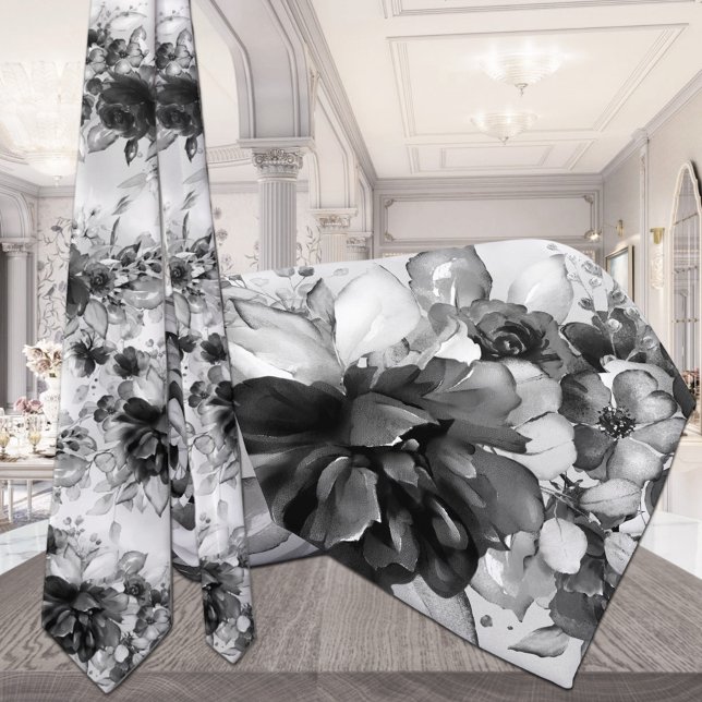 Black And White Cascading Peonies Wedding Neck Tie (Creator Uploaded)