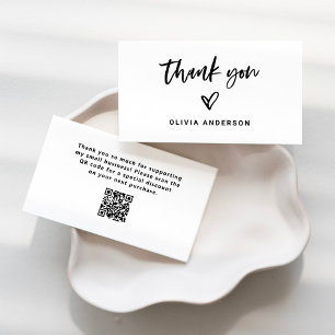 Black and White Casual Script and Heart Thank You Business Card