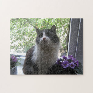 Black and white cat and flowers. jigsaw puzzle